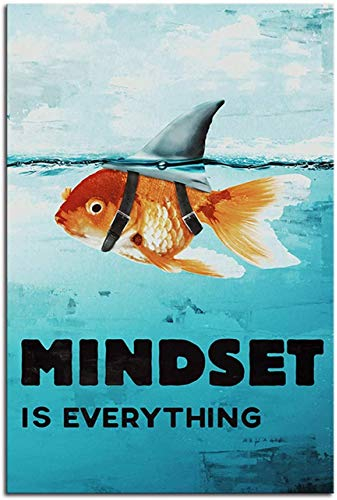 RINWUNS Wandkunst Mindset is Everything, Poster Goldfisch Hai, Leinwanddruck, inspirierendes Zitat, Gemälde, motivierend, moderne Heimdekoration, kein Rahmen, 30.5 x 40.6 cm, 1 Stück (nur Leinwand)