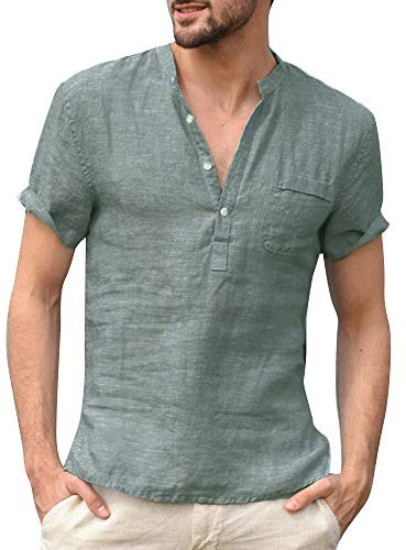 Men's Linen T-Shirt Pure Cotton Buttoned Short Sleeve Shirt Green XXL