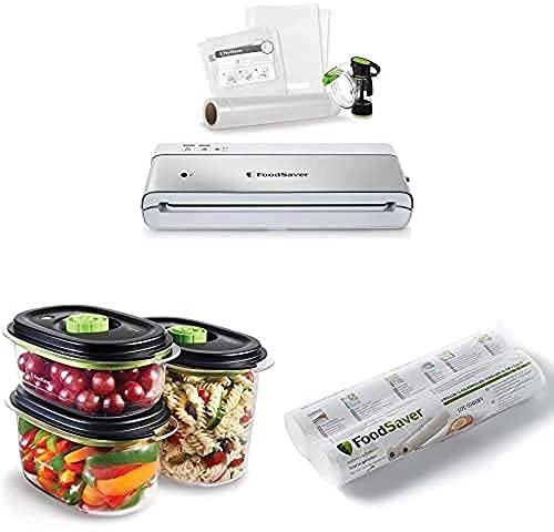 FoodSaver VS0100x Sistema de conservación, acero inoxidable + Recipiente para conservar y marinar al vacío + Rollos de Envasado al Vacío
