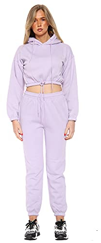 Tuta da donna corta in pile con cappuccio e risvolto Joggers Lounge wear Set tuta UK 6-14, Lilla, XL