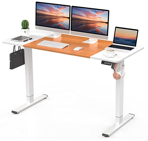 ERGOMAKER Elektrischer Höhenverstellbarer Schreibtisch 140x60cm (55.1x23.6), Höhenverstellbarer Tisch mit Spleißplatte (Weißes Gestell + Weiße, Kirsche Tischplatte)