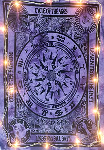 Lila keltischer Zyklus der Zeitalter Tapisserie Poster Decke Tagesdecke Tischdecke Baumwolle Bohemian Hippie Blatt Dekor Kunst Wandbehang Sternzeichen Sonne Mond Goodluck Zimmer Wohnheim Klein Boho