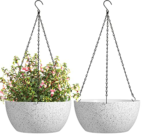 T4U Blumentopf Hängend Plastik 2er Set, Φ30CM Hängetopf für Pflanzen Gesprenkelte Weiß, Blumenampel mit Haken Rund Gross für Innen und Außenbereich, Hängeblumentopf Deko Zum Aufhängen für Zuhause Büro