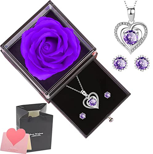 NEWUPZSI Boîte à Bijoux Rose Artificielle éternelle, Collier Coeur + Boucles d'oreilles + Carte de Voeux, pour Noël Idee Cadeau Anniversaire Saint Valentin Mariage Fete des Meres pour Femme Maman