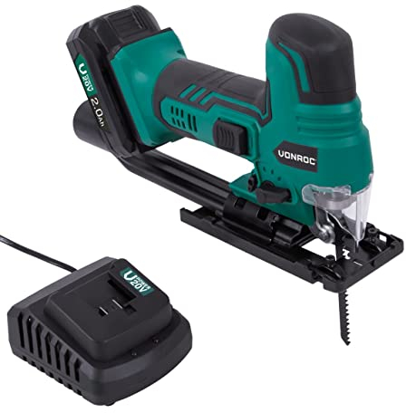 VONROC Scie sauteuse VPower 20V – Poignée canon ergonomique – Vitesse et angle ajustable – 2 lames de scie –Batterie 2.0Ah et chargeur inclus