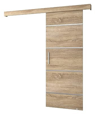 Ensemble Porte coulissante avec miroir + rail - Kit Porte Suspendue interieur et Quincaillerie Sliding Barn Door - 90x204cm - AGRA IV (Avec Système Soft-Close, Sonoma, poignées en argent)