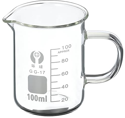 PATIKIL 100ml Glass Beaker with Handle, 3.3 Borosilicate Glass Graduated Printed Scale Measuring Cups with Spout for Kitchen Lab Liquids Transit Boiling
