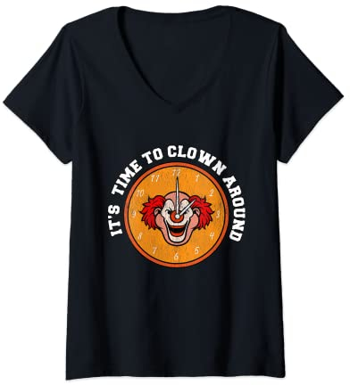 Damen Lustige Clown-Uhr Zeit Horror-Zeit T-Shirt mit V-Ausschnitt