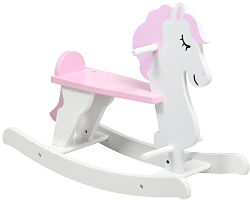 HOMCOM Caballito Balancín para Niños de 1-3 Años Caballo Mecedora de Madera con Manillar y Pedales Carga 50 kg 68x27x46,5 cm Blanco y Rosa