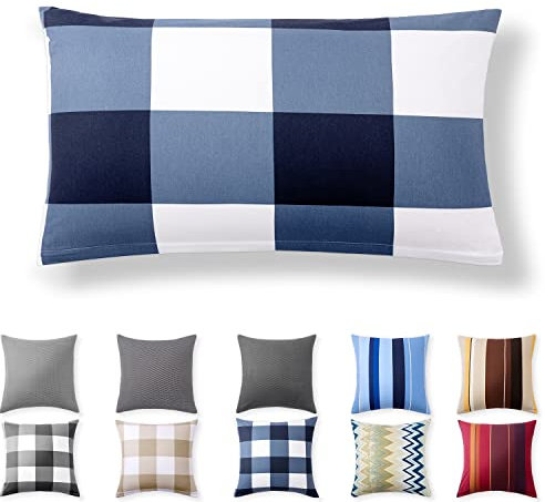 Alreya Renforcé Kissenbezug 40 x 80 cm - 100% Baumwolle mit YKK Reißverschluss, Superweicher Kopfkissenbezug 40x80, Kissenhülle, Blau Kariert, nur Kissenbezug