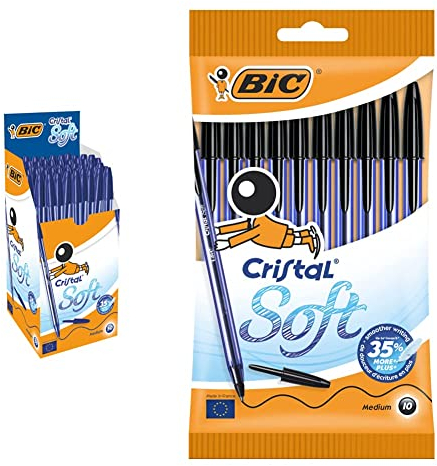 BIC Cristal Soft Bolígrafos punta media (1.2 mm) - color azul, caja de 50 unidades & Cristal Soft bolígrafos punta media (1,2 mm) - Negro, Blíster de 10 unidades