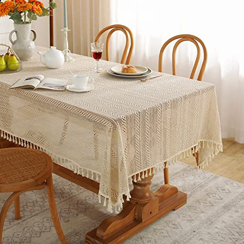 Freyamy Tischdecke Handarbeit Gehäkelte Aushöhlen Streifen Tischdecken mit Quaste Baumwolle Leinen Tischwäsche Vintage Häkelspitze Tischtuch Tischbedeckung Tischdekoration (140x250cm)
