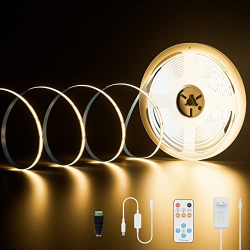 PAUTIX COB LED Streifen Bausatz Warmweiße 3000K,Dimmbar 10M 480LEDs/M DC24V LED Strip Light,High Lumen LED Band lichter Kit mit RF Remote Timer Funktion und GS Netzteil für Heim und Küchenbeleuchtung