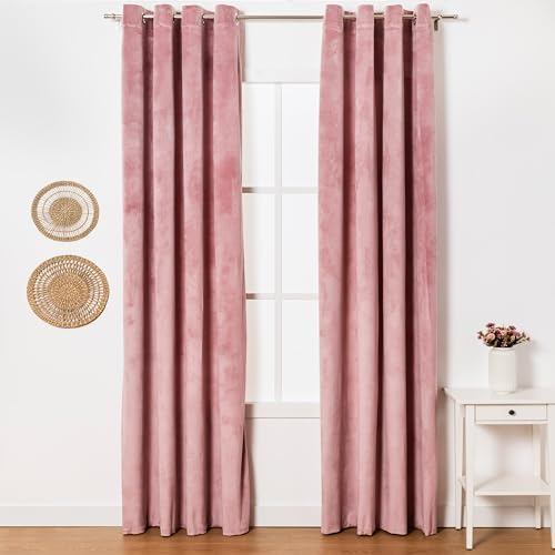 TRAMAS+ Pack 2 Cortinas Terciopelo Opacas Aislante Térmico, Protección Solar y Anti Luz, para Ventana Salón Habitación y Dormitorio - (Rosa Palo)