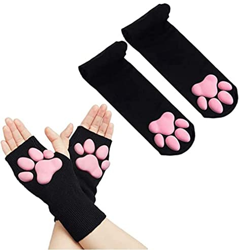 SIROLISA Niedliches Katzenpfoten-Kostüm, Kawaii-Katze, Cosplay, Kawaii, weiche 3D-Zehenbohnen, fingerlose Katzenklauenpfoten, Cosplay-Set für Damen (Schwarze kurze Handschuhe+Socken)