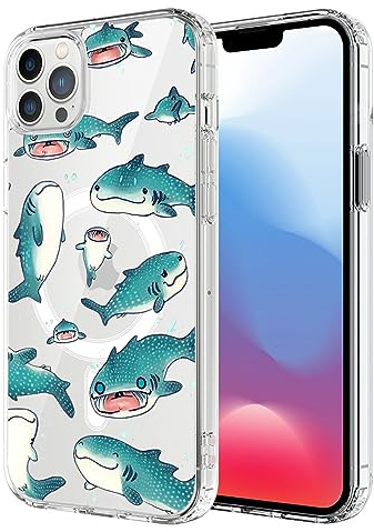 UNNKINE Magnetische Schutzhülle für iPhone 12/12 Pro, kompatibel mit MagSafe kabelloses Laden, niedliches grünes Hai-Design, stoßfest, kratzfest, Abdeckung für Männer und Frauen (transparent) für