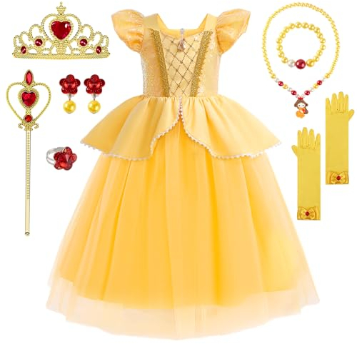 YYDSXK Vestito Principessa Bambina, Costume Rosa Bella e la Bestia Con Set Corona, Regalo per Compleanno Carnevale Cosplay