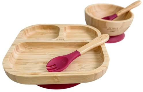 Althea Living - Vajilla de bambú para bebé, plato harvard rectángular y bol extra grande con ventosa, cuchara y tenedor de silicona - Rojo carmesí