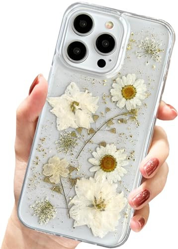 AMART for iPhone 15 Pro Max Case Flowers, Clear with Pressed Dried Flower Cute Glitter Design Women Girls Floral Aesthetic Soft TPU Phone Cover for iPhone 15 Pro Max (6.7 inch)(Gold Flower)
