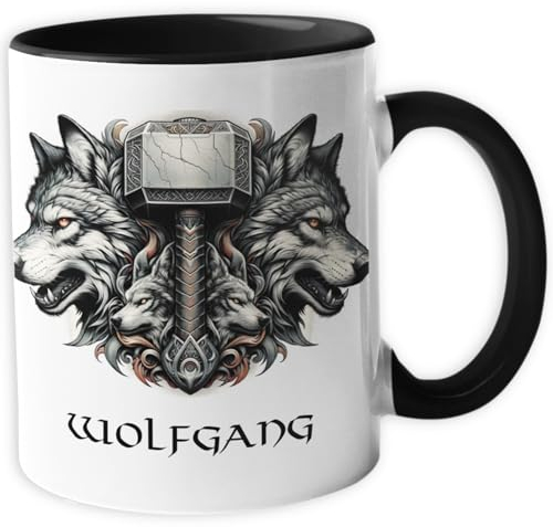 Personalisierte Wikinger Tasse | Motiv Thors Hammer und Wölfe | mit Namen personalisiert, Keramik Kaffeetasse Metbecher mit Wunschname 330 ml V3