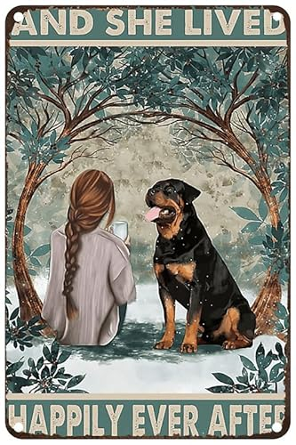 Metall-Blechschild im Vintage-Stil, Aufschrift And She Lived Happily Ever After, Rottweiler, für Zuhause, Garage, Büro, Café, Bar, Wanddekoration, 20,3 x 30,5 cm
