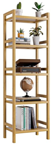 HITNET 5-stöckiges Bambus-Bücherregal - Hohes schmales Regal mit verstellbaren Böden, Freistehendes Aufbewahrungsregal für Wohnzimmer, Badezimmer & Küche, Naturfinish