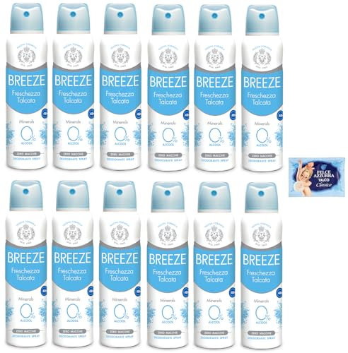 12 x BREEZE Deodorant Spray Frische Talka Mineralien, keine Flecken auf der Haut, 0% Aluminiumsalze 150 ml + 1 Beutel Talkum Felce Azzurra 100 g