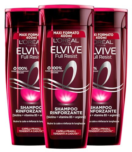 L'Oréal Paris Elvive Full Resist Shampoo Rinforzante per Capelli Fragili e Tendenti a Caduta Formula Nutriente e Ristrutturante con Biotina Vitamina B5 Arginina Effetto Protettivo - 3 Flaconi da 400ml
