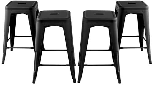 GIANTEX Lot de 4 Tabourets de Bar Empilable, Chaise de Bar avec Repose-Pied, Hauteur du Siège 61 CM, Coussinets de Protection, Tabouret en Métal Charge Max 150KG(Noir)