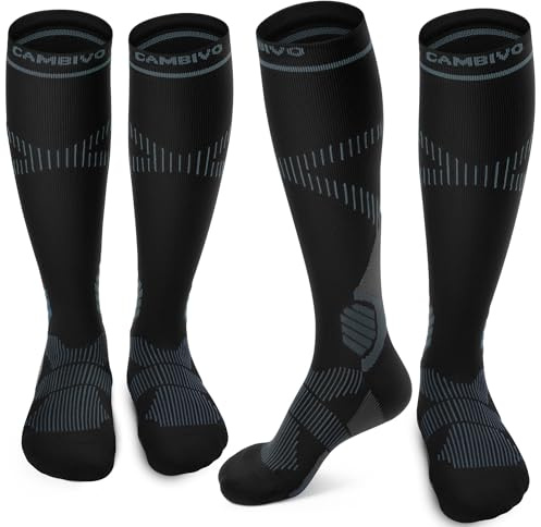CAMBIVO Calze Compressione Graduata Donna Uomo 2Paia, Gambaletti Compressione Graduata 15-20 mmHg, Calze Elastiche a Compressione Antitrombo, Calzini Lunghe per Vene Varicose, Nero/Grigio, XXL