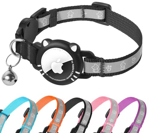 AgoumLux Airtag Katzenhalsband AirTag Halsband Katze Reflektierend mit Sicherheitsverschluss Glocke Katzenhalsbänder mit Airtag Hülle Verstellbar für Katzen, Schwarz, XS(17.5-23 cm)