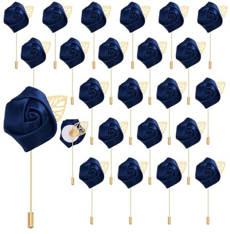 QUARKZMAN 24Pcs Boutonnières Roses Bleu Marine Broches de Poche pour Cérémonie de Mariage Anniversaire Bal de Promo Soirée Formelle