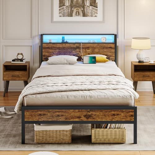 AOGLLATI Bettgestell 90x200 mit Steckdose Metallbett mit 3 USB-Anschlüssen und LED Beleuchtung Jugendbett mit Kopfteil Bettrahmen mit Lattenrost Vintage Braun/Schwarz(90x200cm)