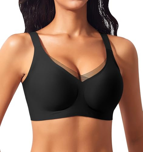 Damen BH Ohne Bügel Nahtloser Glatter Weicher BH Bequemer T-Shirt Soft Bra (Schwarz-Spitze, S)