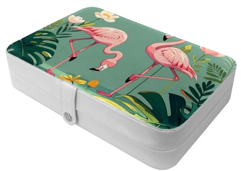 Travel Jewelry Case Large PU Jewelry Box, Cartoon Flamingo Plants Floral Exquisite Jewelry Case, Jewelry Travel Organizer Storage Holder Boxes for Girl Women