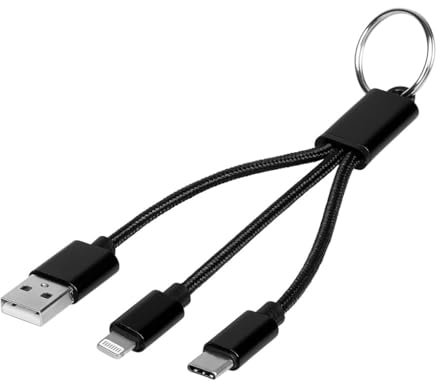 TURBOCAR - Porte-clés câbles USB, porte clef voiture - Cable multi usb 3 en 1 porte clef - Longueur des câbles: 13 cm - Couleur: Noir - Compatible Apple, micro USB, USB-C - Avec gaine nylon tressée