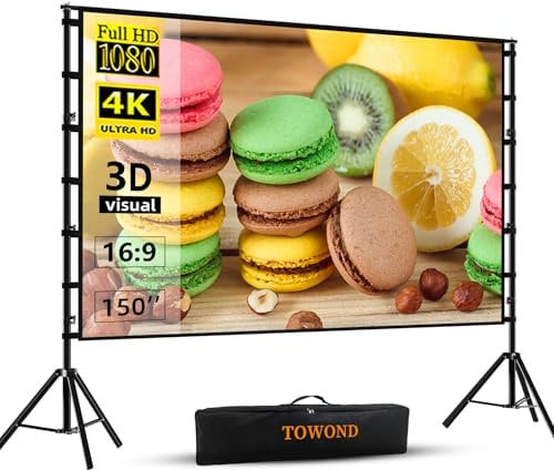 Towond - Schermo per proiettore e supporto, schermo da 150 pollici, portatile, 16:9 HD, posteriore, anteriore e posteriore, con borsa per il trasporto, staffe ispessite senza pieghe, design per cinema