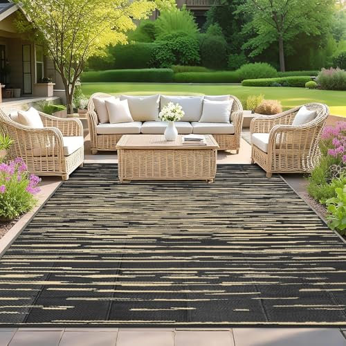 SHACOS Outdoor Teppich Wetterfest 240x300 cm Balkon Teppich Waschbar Außenteppich Picknickdecke Wendbar UV Beständig Kunststoffteppich für Terrasse Camping Garten Pool, Schwarz