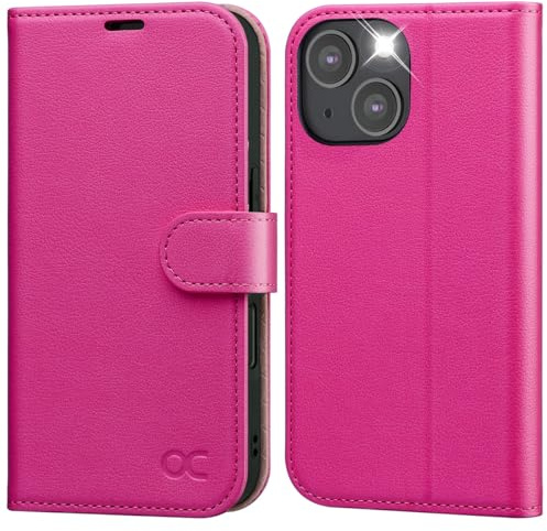 OCASE für iPhone 14 Hülle Handyhülle Premium PU Leder Rosa rot | Kartenfach Magnetverschluss RFID Schutzhülle Klapphülle Handytasche Lederhülle Tasche Etui