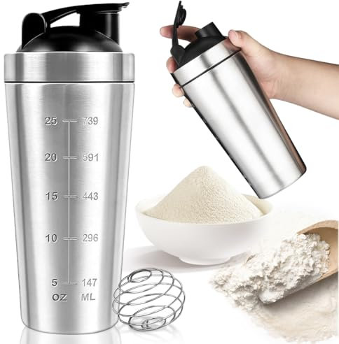 Cartlant Protein Shaker Bottle 750ml, Stainless Steel Leakproof Cup Shakes Gym Bottle with Mixball, Easy To Grip Metal Shake Mixer with Lid Sport Fitness Storage for Supplement, BPA Free