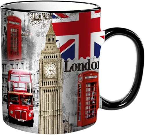 KDWJS Tasse Keramik Kaffeetassen Große 11oz Tassen 330ml Trinkgläser Mit Griff Personalisierte Geschenk Weiß,London England Stadt Wahrzeichen Retro Union Telefon Bus Big Ben Flagge,