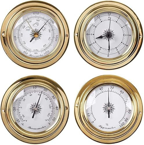 Barometer,Traditional Barometer,Traditional Weather Station, Thermometer Hygrometer Kit Accessory Brass Case 98mm Measuring Tools, 4Pcs Weather Station Set, Weather Monitoring Instrument