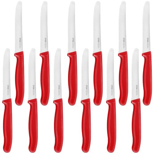OPOLIA Tafelmesser 12 Stück,Wellenschliff Brötchenmesser, Frühstücksmesser,Tomatenmesser,Edelstahl Scharfe Klinge, Spülmaschinenfest,Messerset für den Täglichen Gebrauch -rot