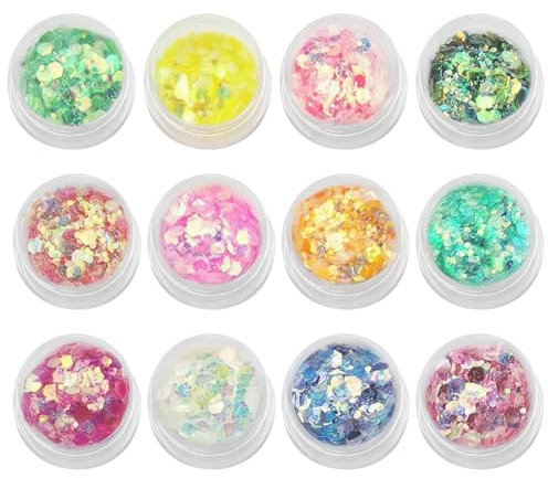 Joygoodta 12 Colors Night Glow Chunky Glitters Flakes, Glow in The Dark Body Face Glitter Flakes Luminous Face Eye Glitter for Musical Festival Carnival Party Makeup