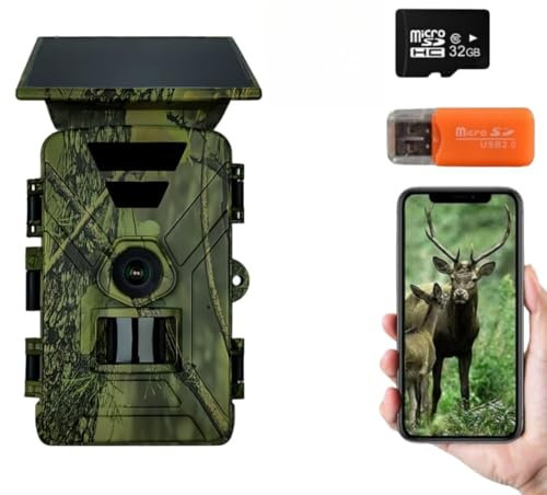 Wildkamera Solar WLAN mit Handyübertragung App, 5K HD Video WiFi Bluetooth Wildtierkamera mit Nachtsicht Bewegungsmelder, 5200mAh Solarpanel Akku 32GB SD-Karte Wildcamera Outdoor IP66 Wasserdicht