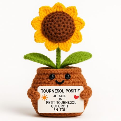 Tournesol Positif© | Cadeau Original & Bonne Humeur | Idee Surprise Handmade | Anniversaire Maman | Fete Mere | Maitresse Collègue Amie Fille Femme Tante Madame Professeur | Crochet Déco Maison Bureau