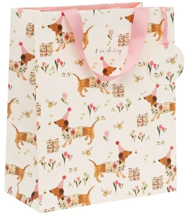 Glick Luxus Große Geschenktüte Geburtstag Wurst Hund Floral, Recycelbare Tasche für Geburtstage & Feiern, 315 x 260 x 135 mm, Mehrfarbig