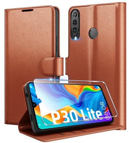 Eirltiy Funda para Huawei P30 Lite Piel PU Premium, Tipo Cartera Antigolpes Ranuras Carcasa con 1 Cristal Templado Marrón