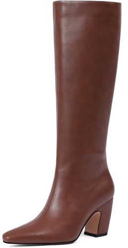 Stivali alti al ginocchio da donna, comodi, con punta quadrata, in ecopelle, alla moda, lunghi e alti, per equitazione a polpaccio largo, con tacco alto, stivali casual, B38./Marrone_pu, 41 EU