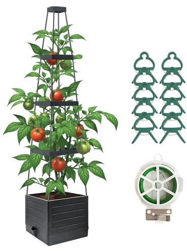 JQTOP Jardinière surélevée avec treillis, 147,3 cm avec treillis pour plantes grimpantes, légumes, fleurs de vigne, cage à tomates auto-arrosage pour jardin, terrasse, extérieur et intérieur (noir)